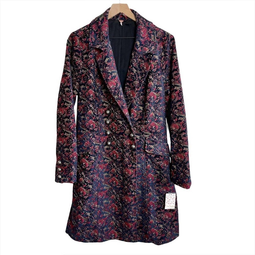 FREE PEOPLE NWT Retro Boho Long Floral Red & Purple Coat – RARE – Medium - Picture 2 of 16